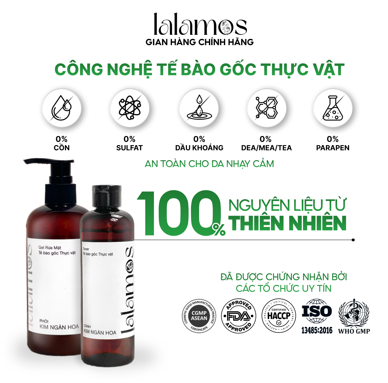 Combo cấp ẩm Lalamos Sữa rửa mặt phôi Kim Ngân Hoa 280ml + Toner cánh Kim Ngân Hoa 250ml