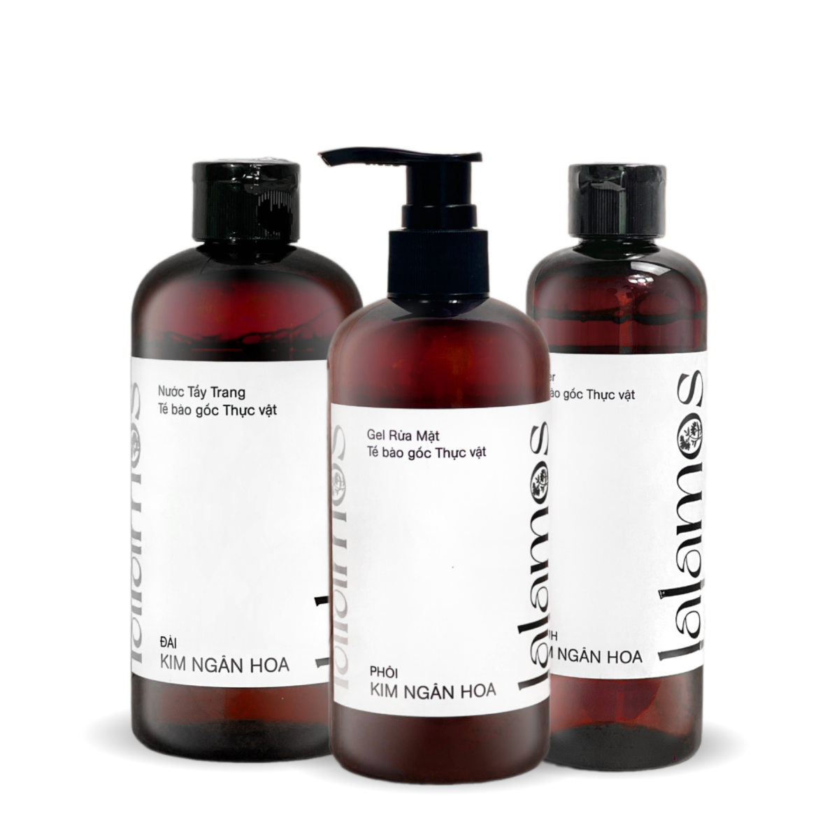 Lalamos Combo sạch sâu Nước tẩy trang 280ml + Sữa rửa mặt 280ml + Toner Kim Ngân Hoa 250ml