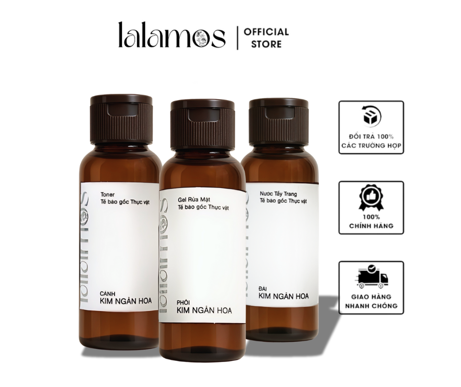 Combo sạch sâu Lalamos Mini size Nước tẩy trang 50ml + Sữa rửa mặt 50ml + Toner Kim Ngân Hoa 50ml