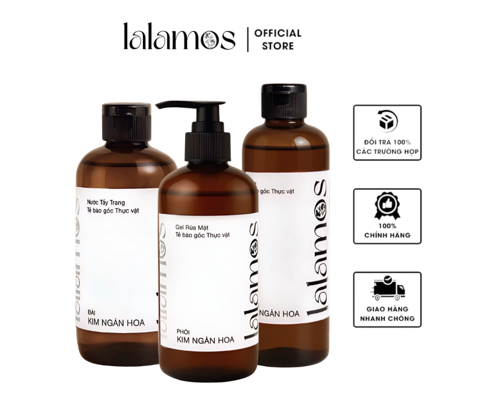 Lalamos Combo sạch sâu Nước tẩy trang 280ml + Sữa rửa mặt 280ml + Toner Kim Ngân Hoa 250ml