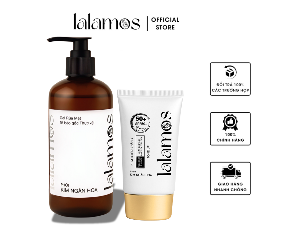 Combo bảo vệ da trắng hồng Lalamos Sữa Rửa Mặt 280ml + Kem Chống Nắng Nhụy Kim Ngân Hoa Nâng Tone 50ml