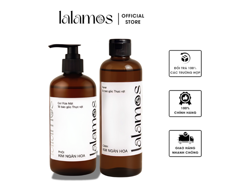 Combo cấp ẩm Lalamos Sữa rửa mặt phôi Kim Ngân Hoa 280ml + Toner cánh Kim Ngân Hoa 250ml